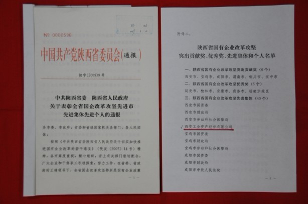 2009年2月，被陕西省委、省敌灾授予陕西省国有企业鼎新攻坚先进集体